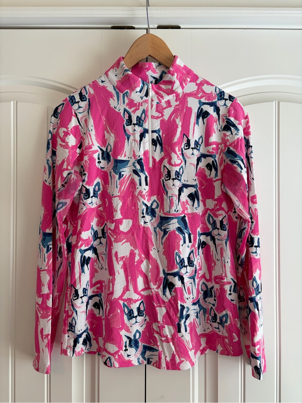 IBKUL Icifil Frenchie Print Quarter Zip SPF 50 Long Sleeve Golf Top Size Med